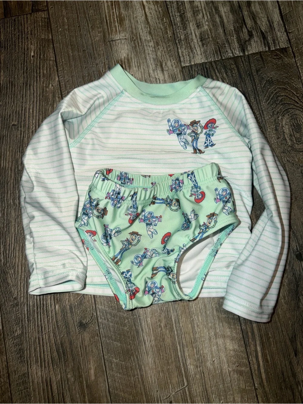 Kids Mint Green Long-Sleeve Rash Guard Set with Character Print